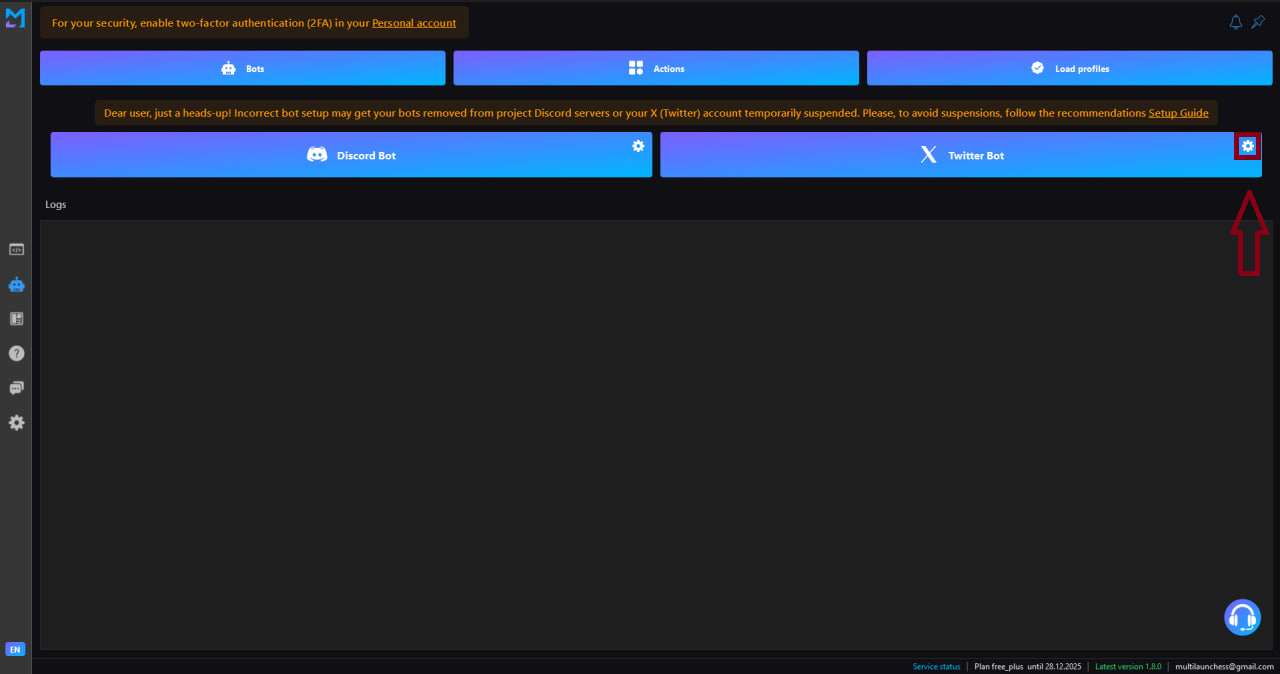 Окно настроек Twitter бота