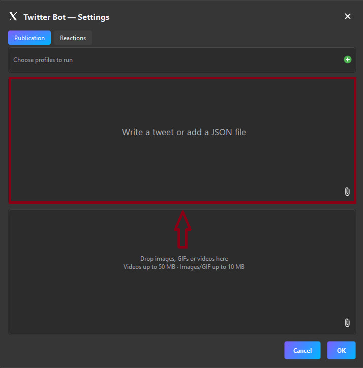 Окно настроек Twitter бота