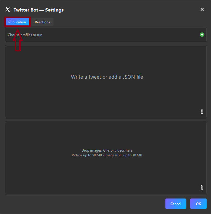 Twitter bot settings window