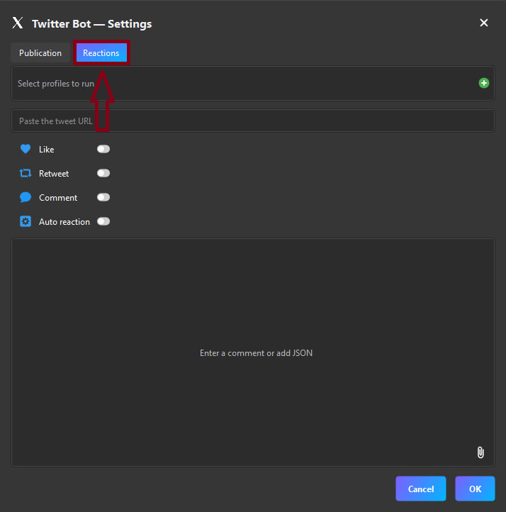 Twitter bot settings window