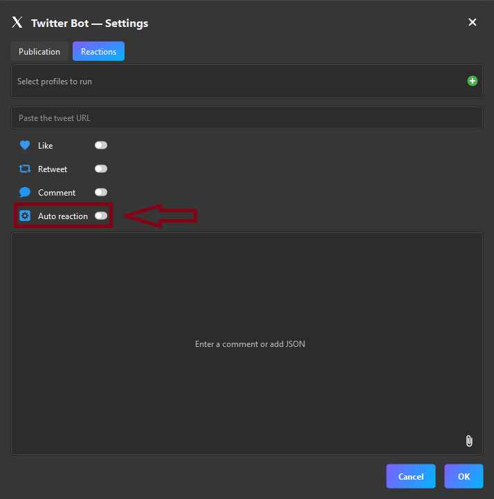 Twitter bot settings window