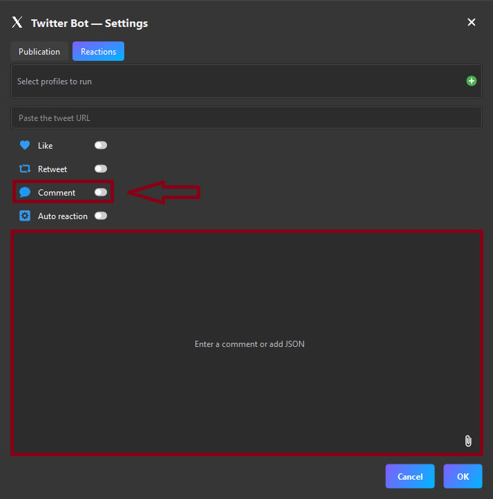 Twitter bot settings window